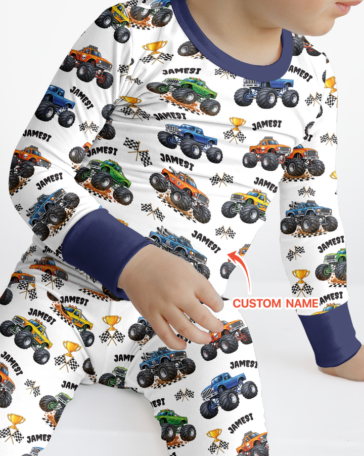 Custom Name Monster Trucks Bamboo Two Piece Long Sleeve Pajama Set