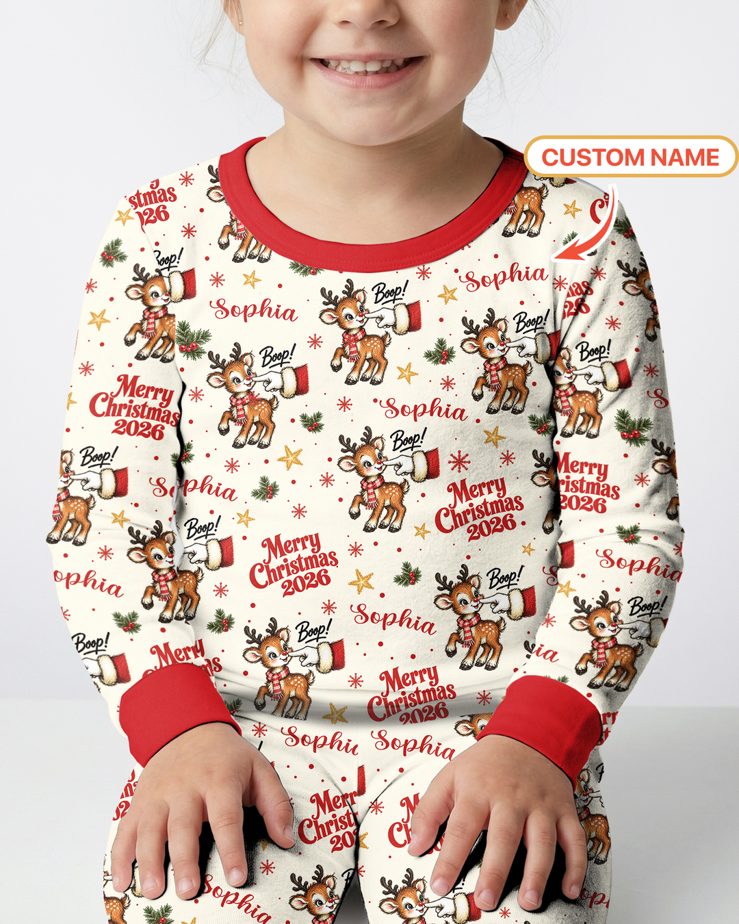 Custom Name Reindeer Santa Boop Bamboo Two Piece Long Sleeve Pajama Set