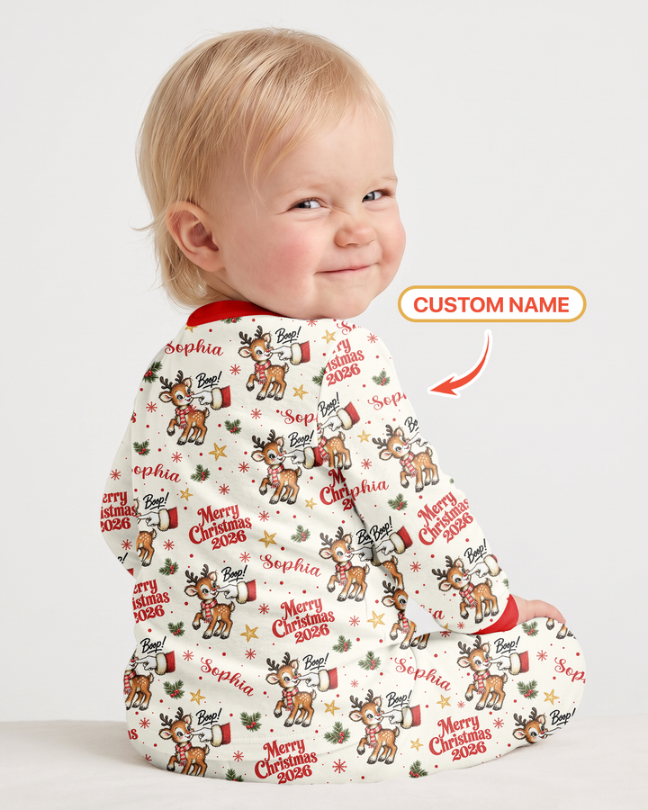 Custom Name Reindeer Santa Boop Bamboo Two Piece Long Sleeve Pajama Set