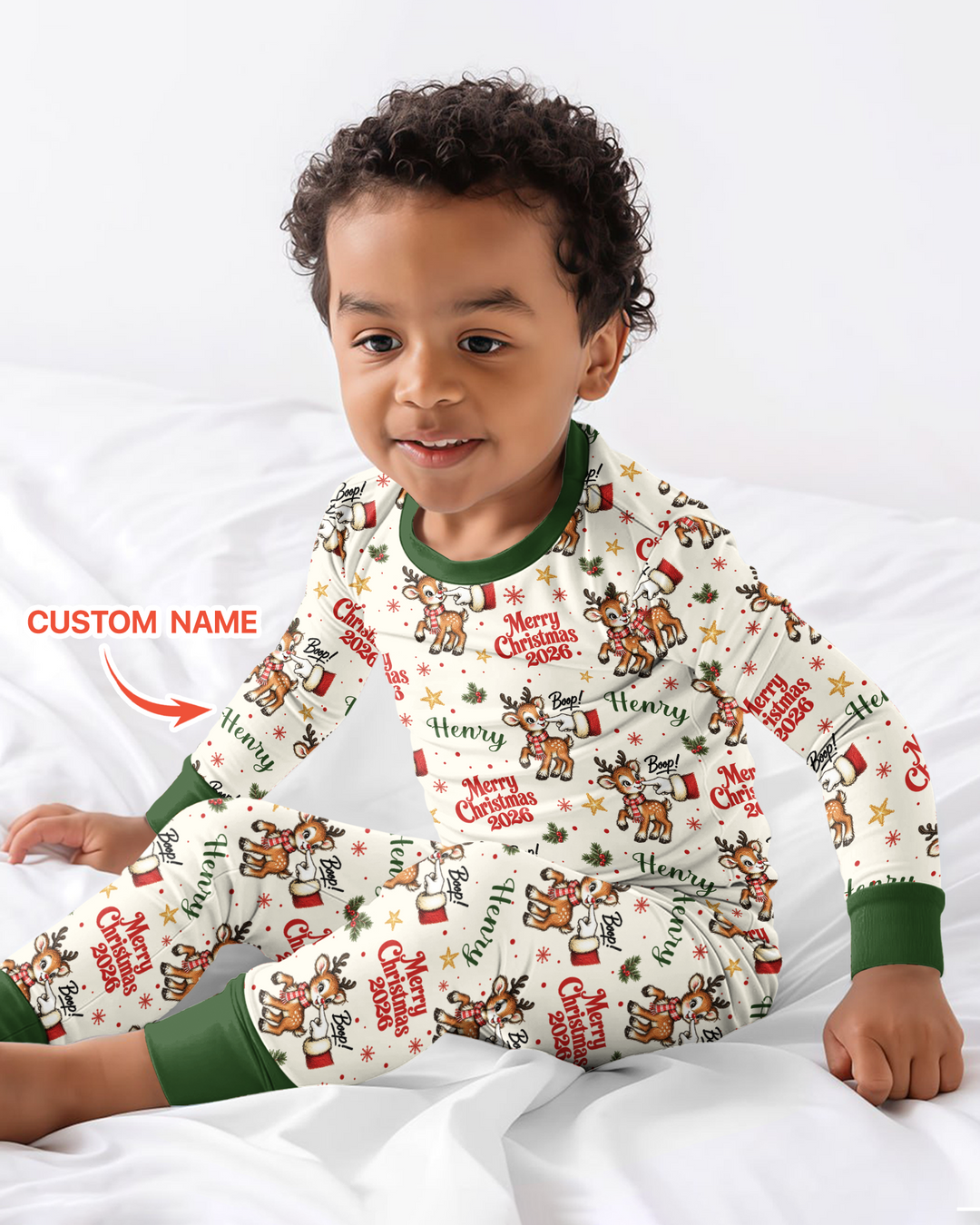 Custom Name Reindeer Santa Boop Bamboo Two Piece Long Sleeve Pajama Set