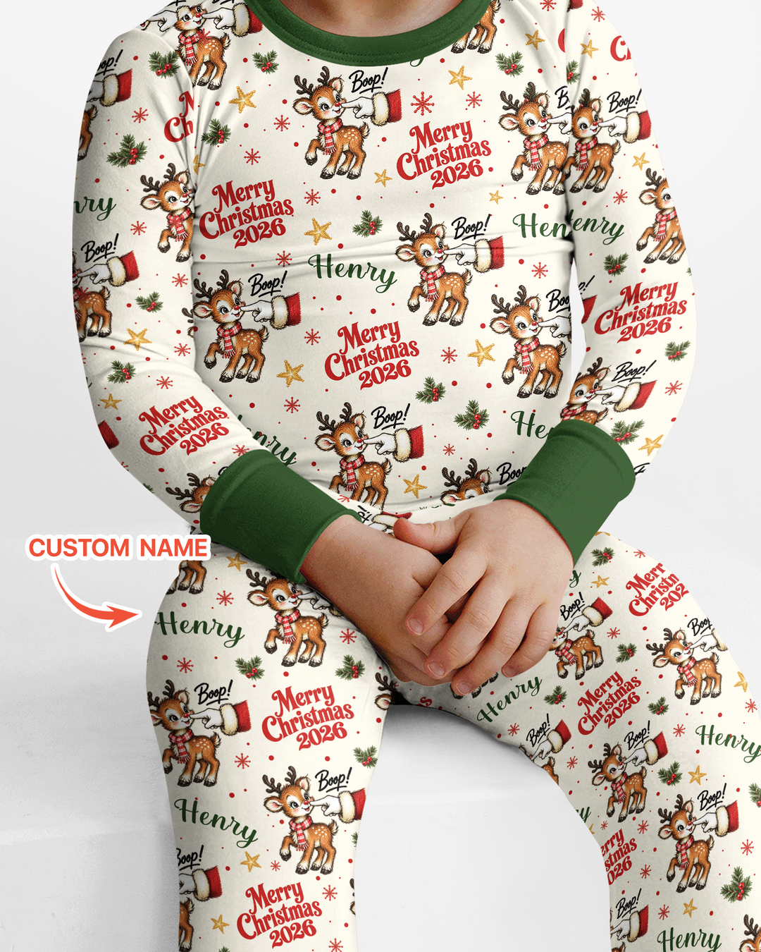 Custom Name Reindeer Santa Boop Bamboo Two Piece Long Sleeve Pajama Set