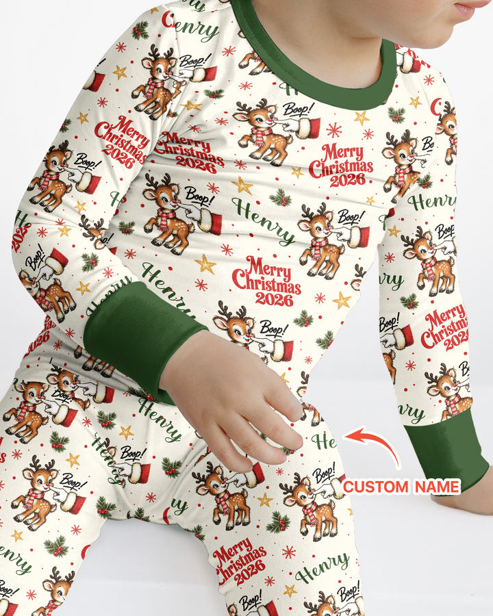 Custom Name Reindeer Santa Boop Bamboo Two Piece Long Sleeve Pajama Set