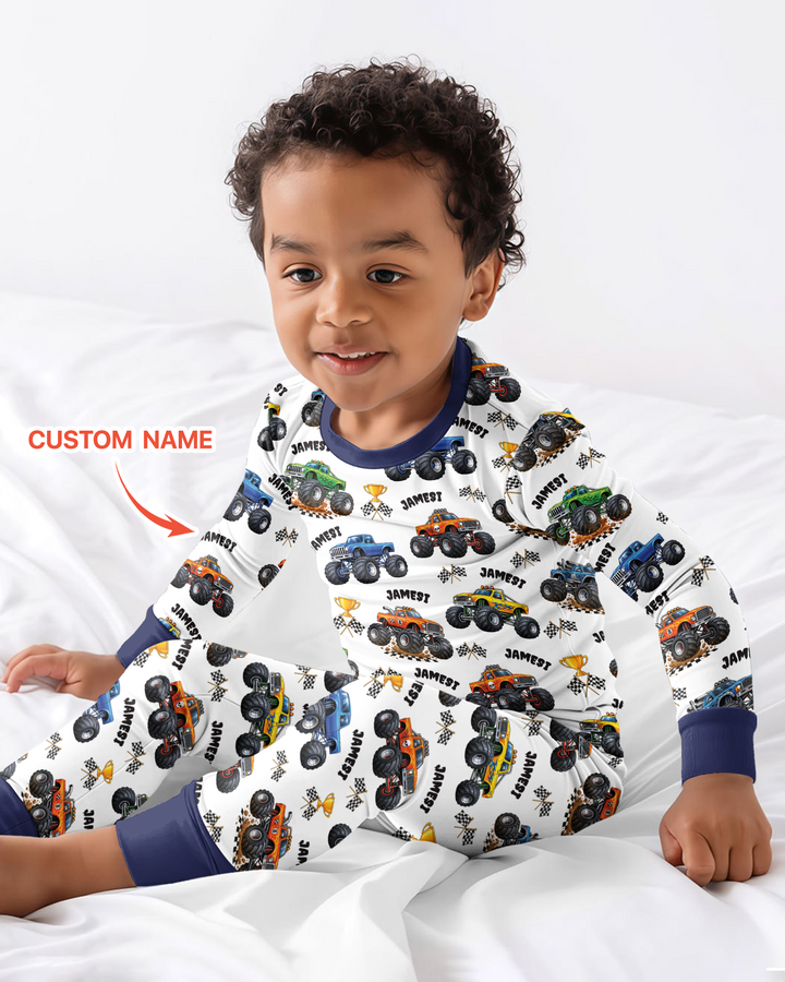 Custom Name Monster Trucks Bamboo Two Piece Long Sleeve Pajama Set