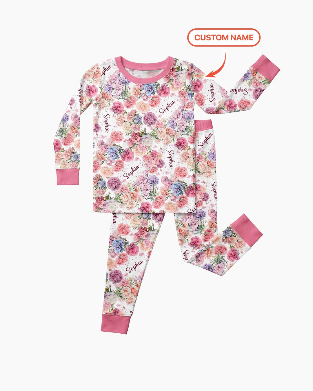 Custom Name Birth Month Flowers Bamboo Two Piece Long Sleeve Pajama Set