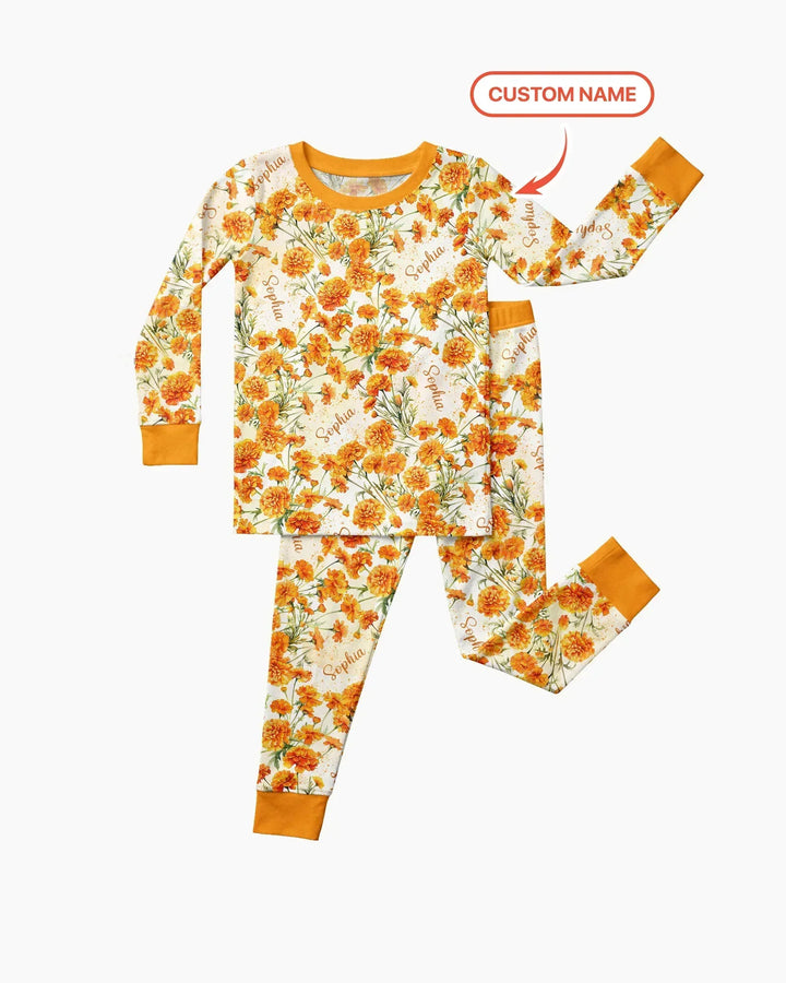 Custom Name Birth Month Flowers Bamboo Two Piece Long Sleeve Pajama Set