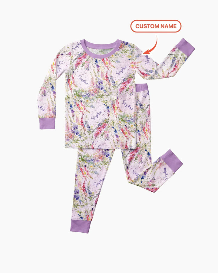 Custom Name Birth Month Flowers Bamboo Two Piece Long Sleeve Pajama Set