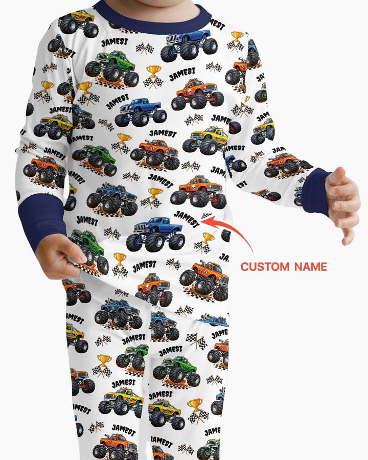 Custom Name Monster Trucks Bamboo Two Piece Long Sleeve Pajama Set