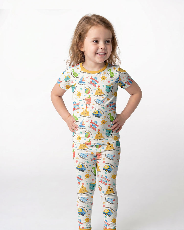 Colorful Summer Beach With Jesus Bamboo Two Piece Short Sleeve Pajama Set