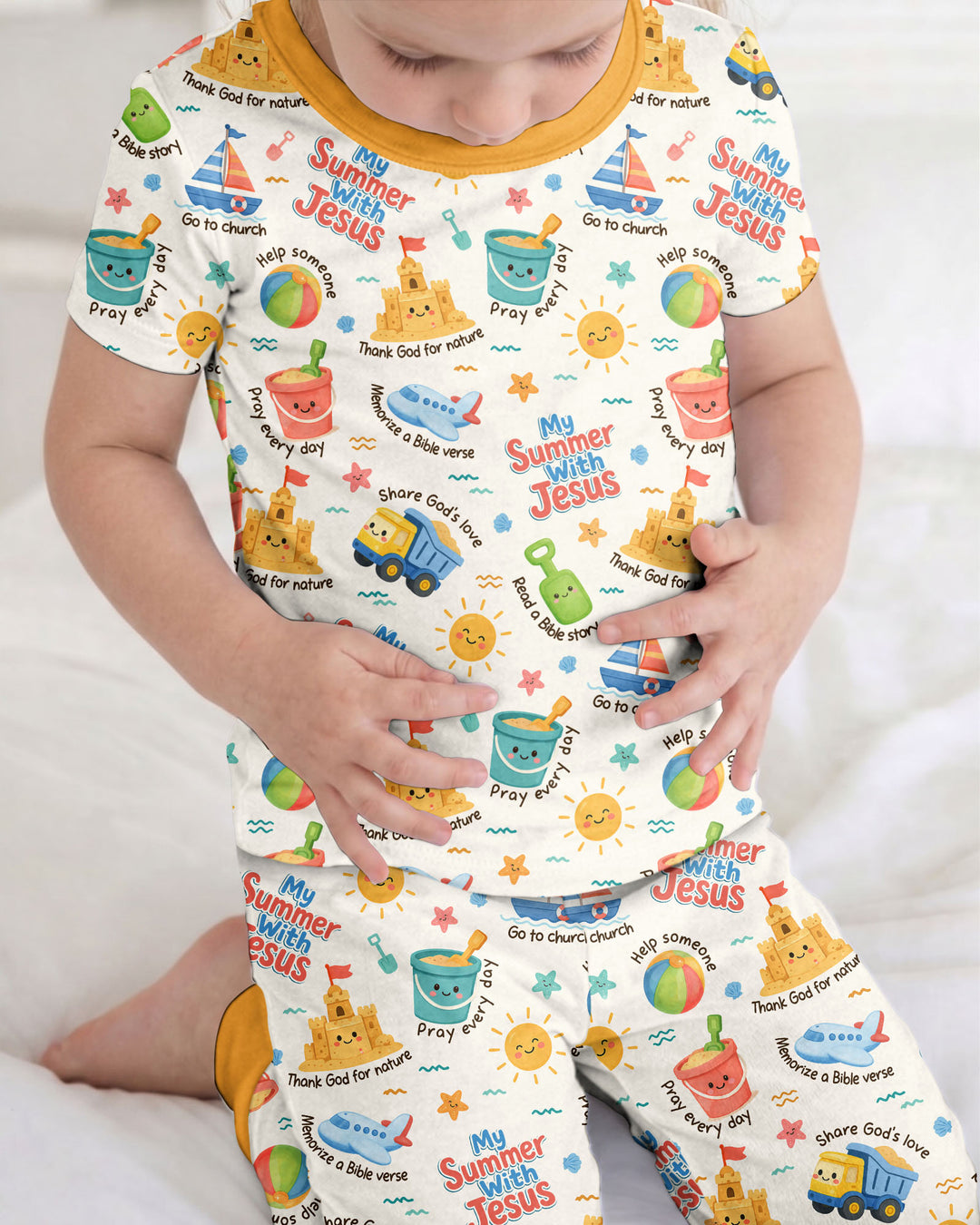 Colorful Summer Beach With Jesus Bamboo Two Piece Short Sleeve Pajama Set