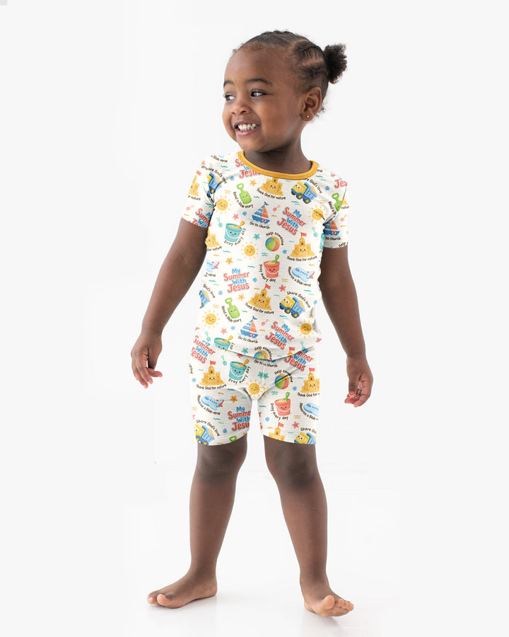 Colorful Summer Beach With Jesus Bamboo Two Piece Short Sleeve Shorts Pajama Set