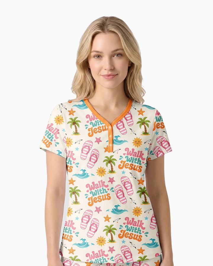 Groovy Summer Walk With Jesus Bamboo Women Short Sleeve Short Pajama Set