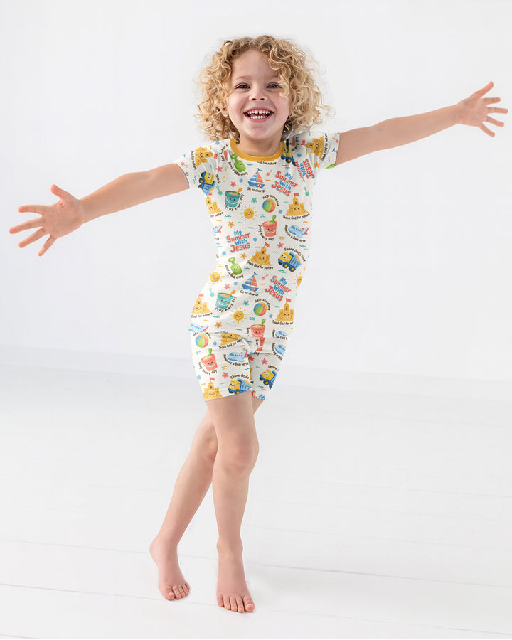 Colorful Summer Beach With Jesus Bamboo Two Piece Short Sleeve Shorts Pajama Set