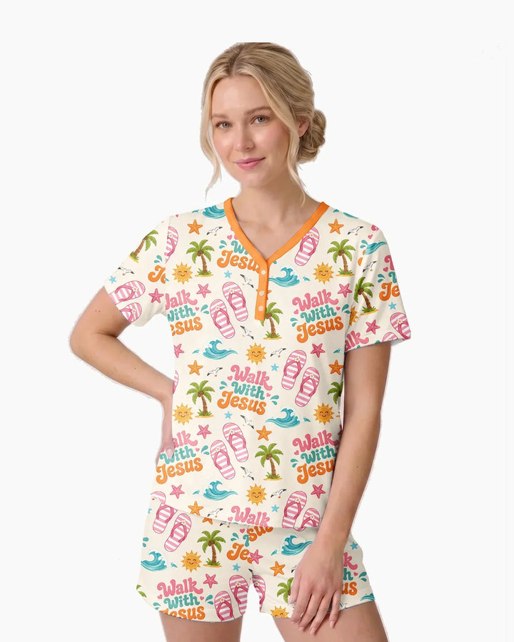 Groovy Summer Walk With Jesus Bamboo Women Short Sleeve Short Pajama Set