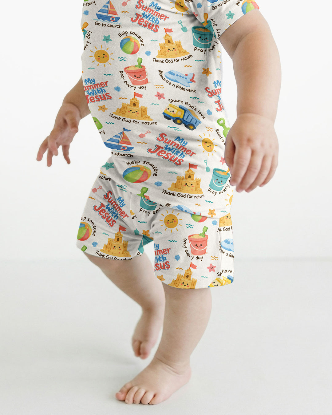 Colorful Summer Beach With Jesus Bamboo Two Piece Short Sleeve Shorts Pajama Set