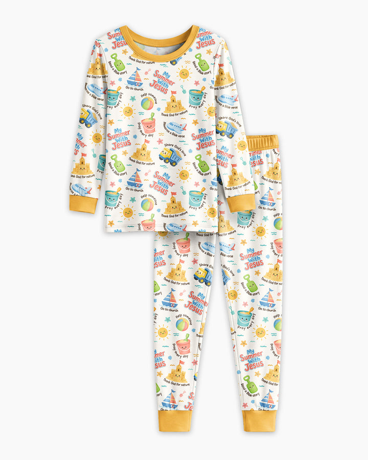 Colorful Summer Beach With Jesus Bamboo Two Piece Long Sleeve Pajama Set
