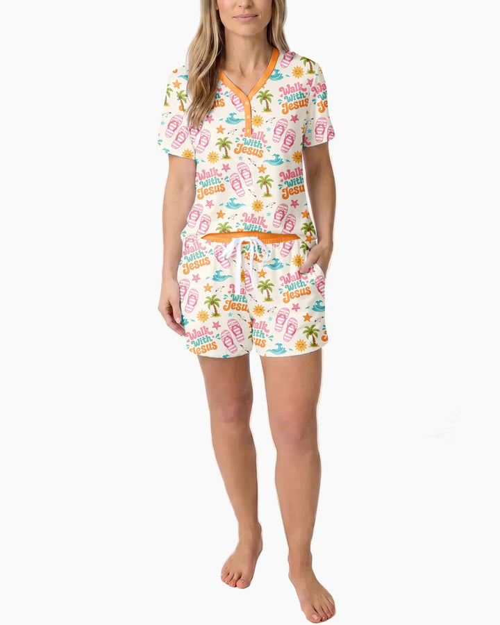 Groovy Summer Walk With Jesus Bamboo Women Short Sleeve Short Pajama Set