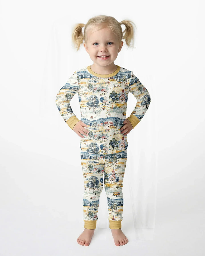Whimsical Watercolor School Village Bamboo Two Piece Long Sleeve Pajama Set