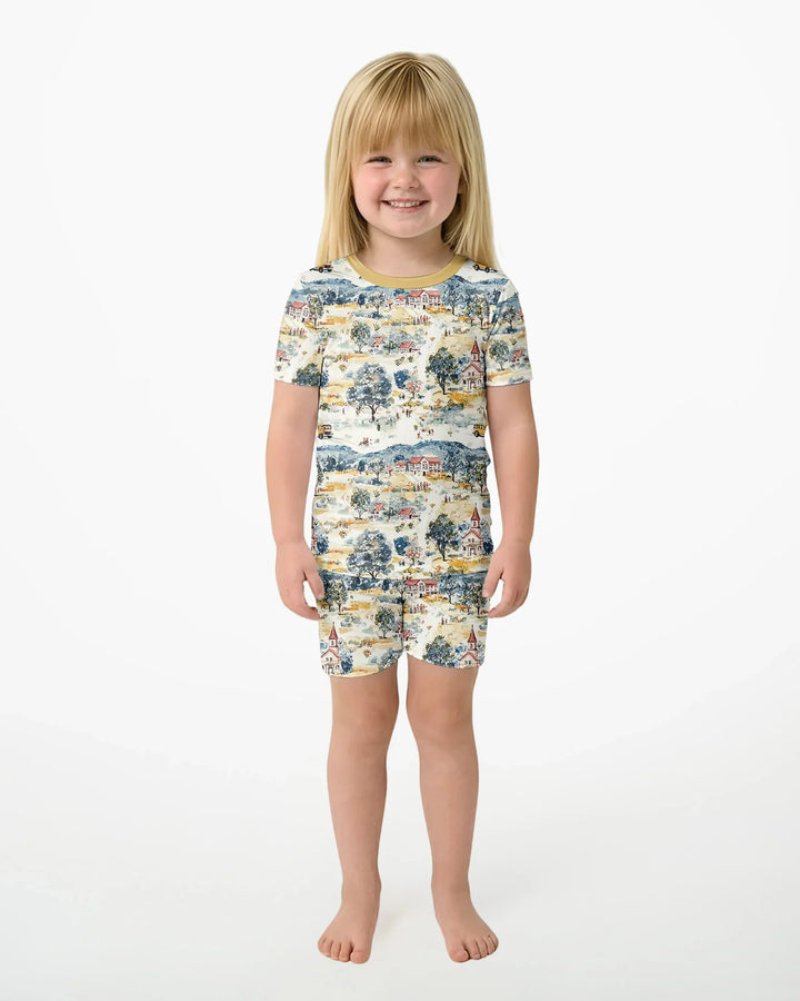 Whimsical Watercolor School Village Bamboo Two Piece Short Sleeve Shorts Pajama Set