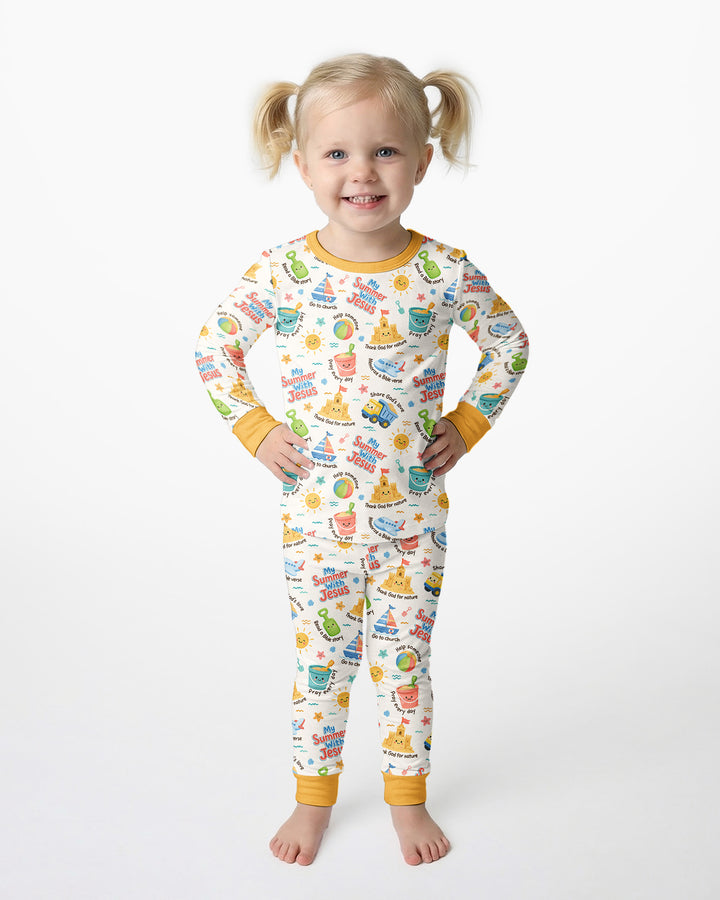 Colorful Summer Beach With Jesus Bamboo Two Piece Long Sleeve Pajama Set