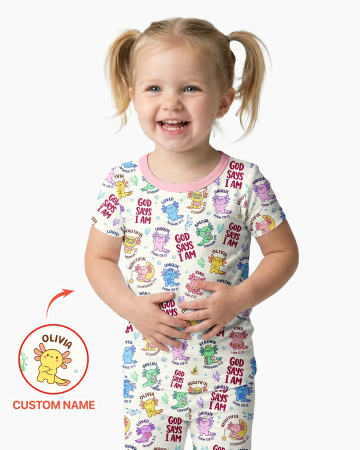 Axolotl God Says I Am Custom Name Bamboo Two Piece Short Sleeve Pajama Set