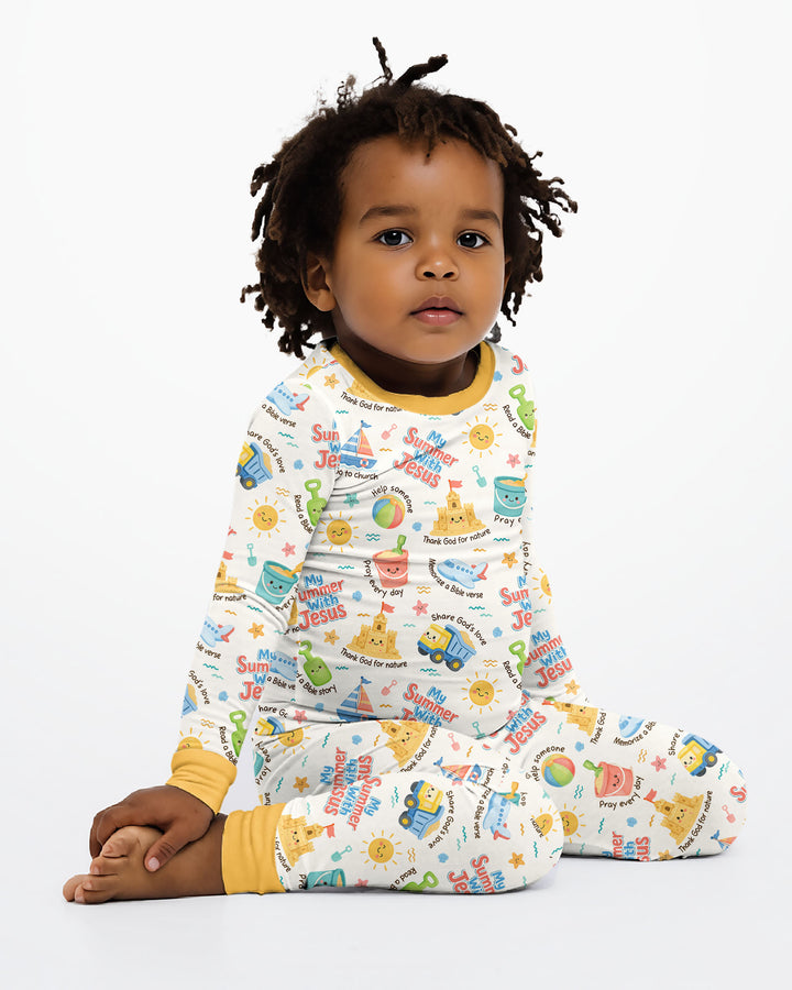 Colorful Summer Beach With Jesus Bamboo Two Piece Long Sleeve Pajama Set