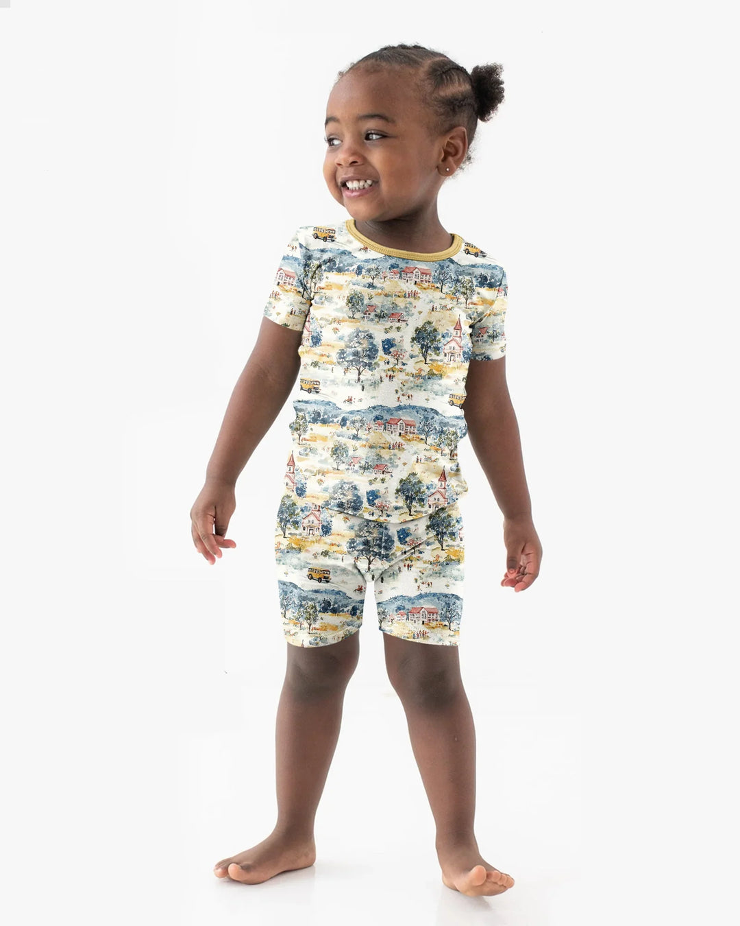 Whimsical Watercolor School Village Bamboo Two Piece Short Sleeve Shorts Pajama Set