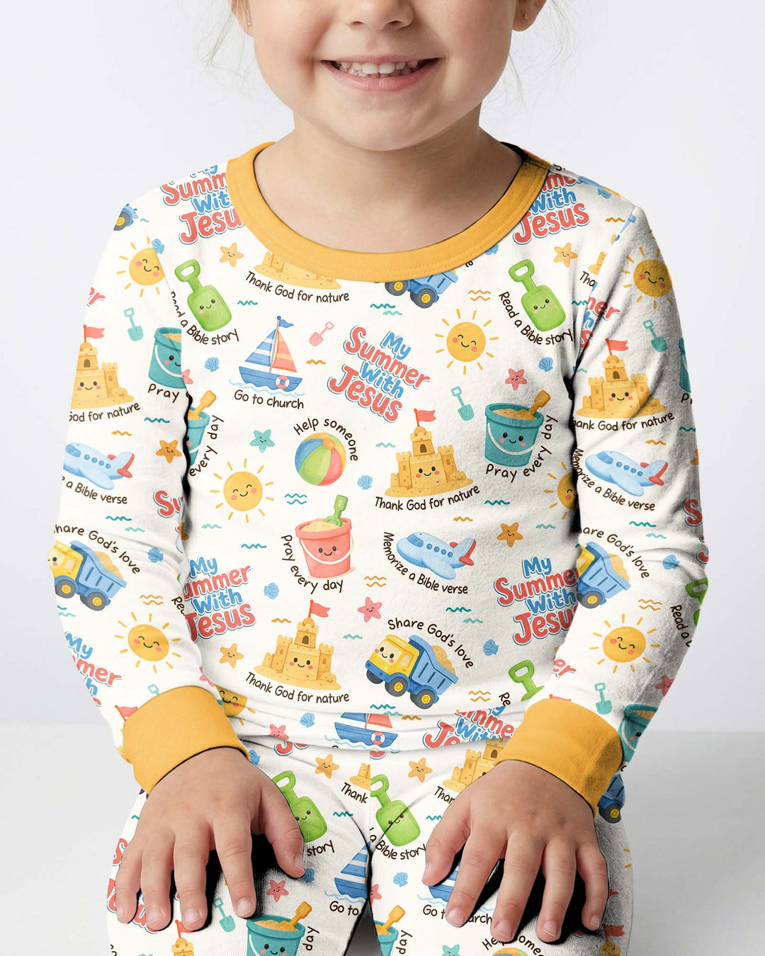 Colorful Summer Beach With Jesus Bamboo Two Piece Long Sleeve Pajama Set