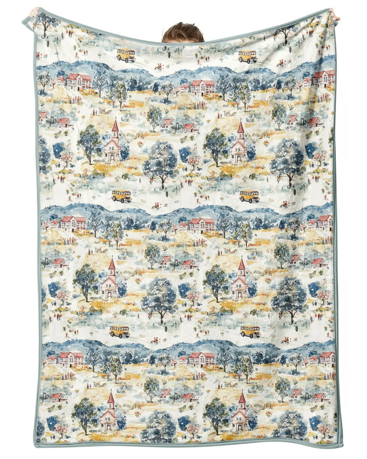 Whimsical Watercolor School Village Bamboo Blanket
