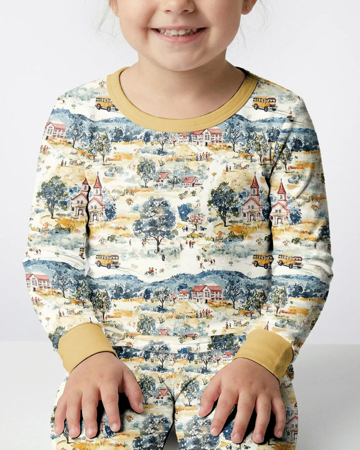Whimsical Watercolor School Village Bamboo Two Piece Long Sleeve Pajama Set