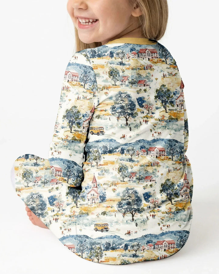 Whimsical Watercolor School Village Bamboo Two Piece Long Sleeve Pajama Set
