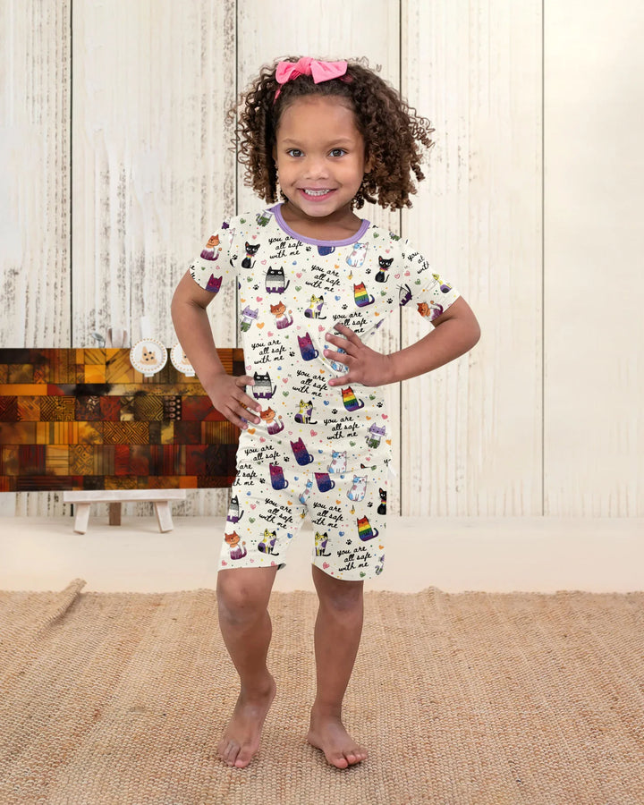 Loved & Safe Kitties Family Matching Bamboo Two Piece Short Sleeve Shorts Pajama Set