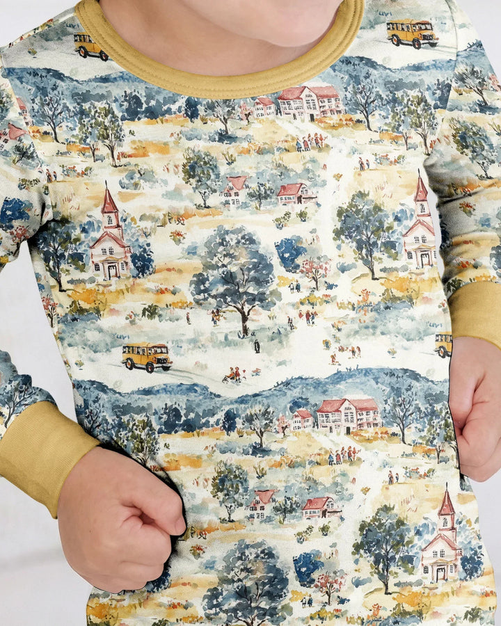 Whimsical Watercolor School Village Bamboo Two Piece Long Sleeve Pajama Set