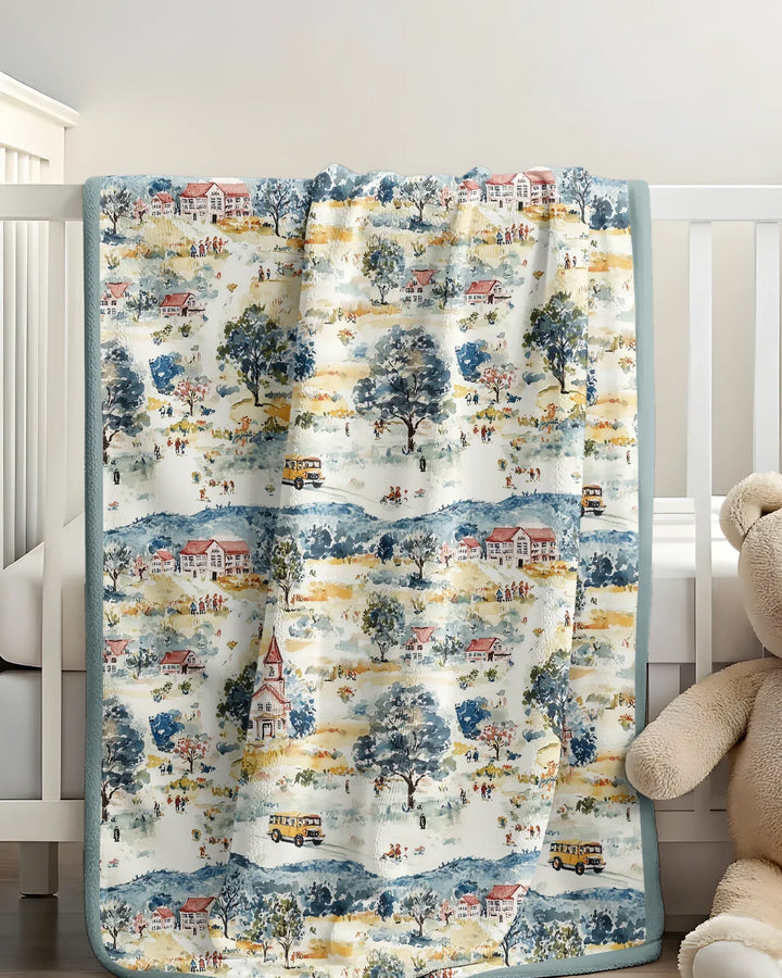 Whimsical Watercolor School Village Bamboo Blanket