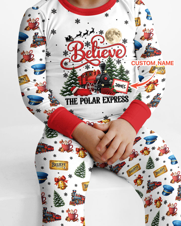 Custom Name Believe Polar Express Christmas Bamboo Two Piece Long Sleeve Pajama Set