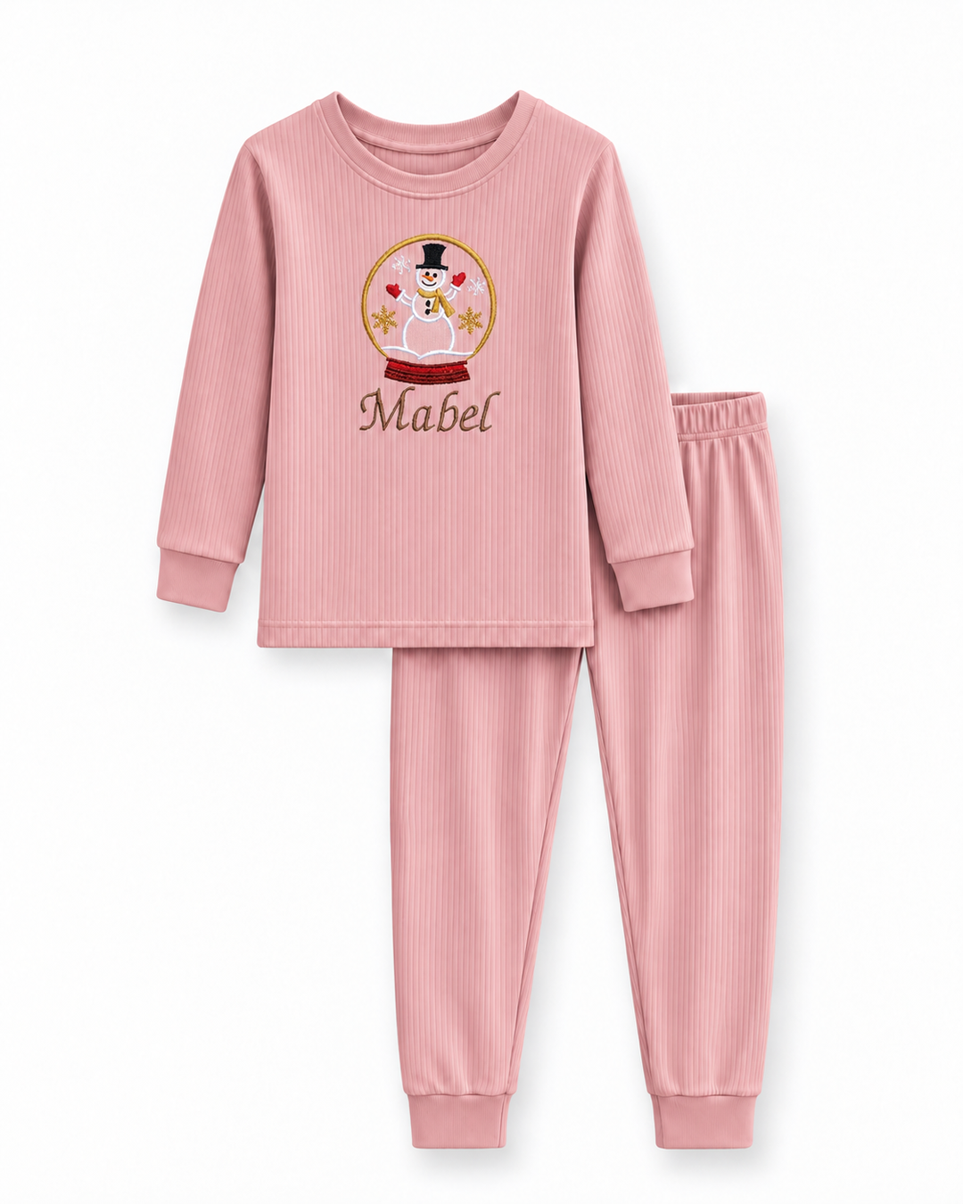 Festive Snow Globe Embroidered Ribbed Bamboo Two Piece Long Sleeve Pajama Set
