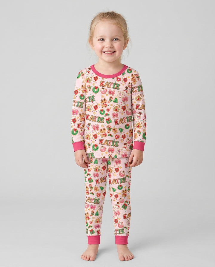 Pink GingerBread Custom Name Bamboo Two Piece Long Sleeve Pajama Set