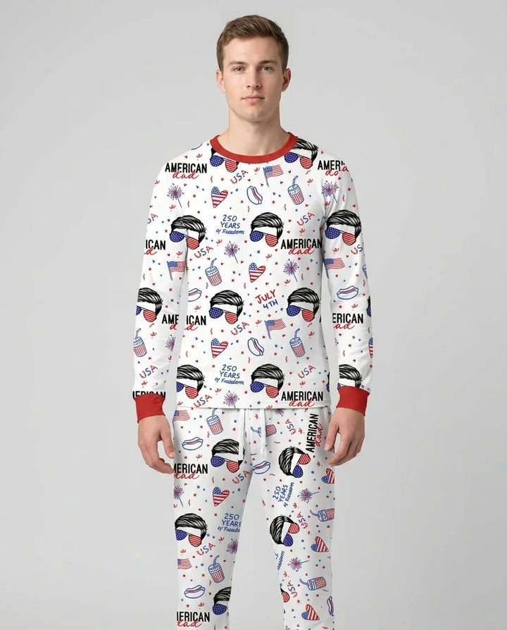 Doodle American Flag Glasses Family Matching Bamboo Men's Pajama Set