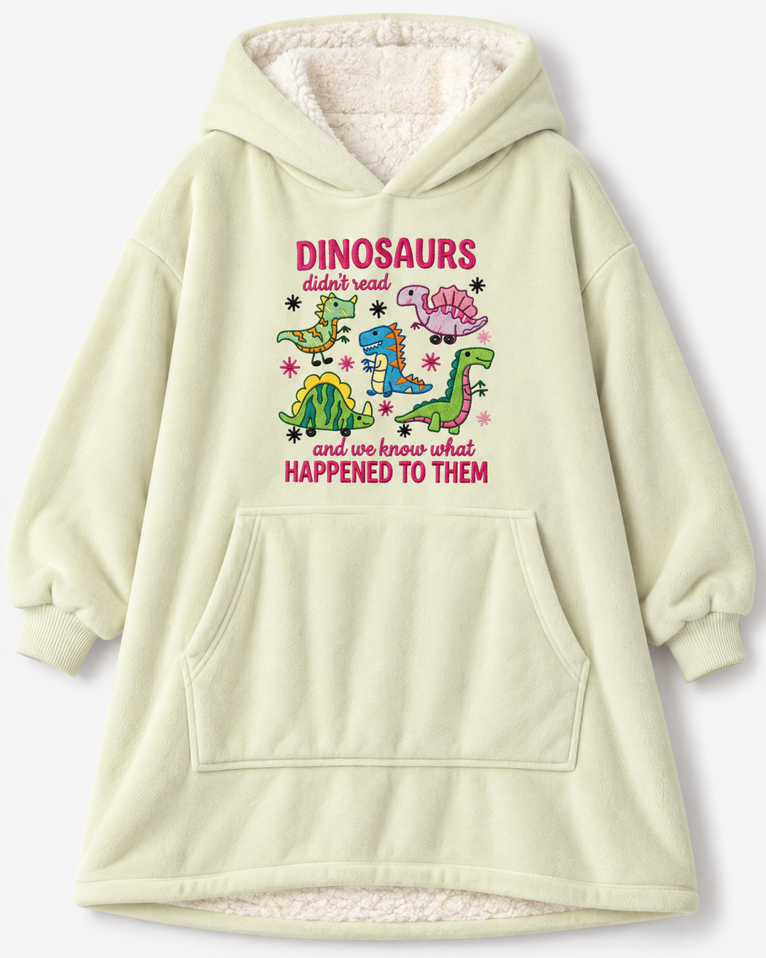 Funny Dino Reading Book Embroidered Bamboo Blanket Hoodie