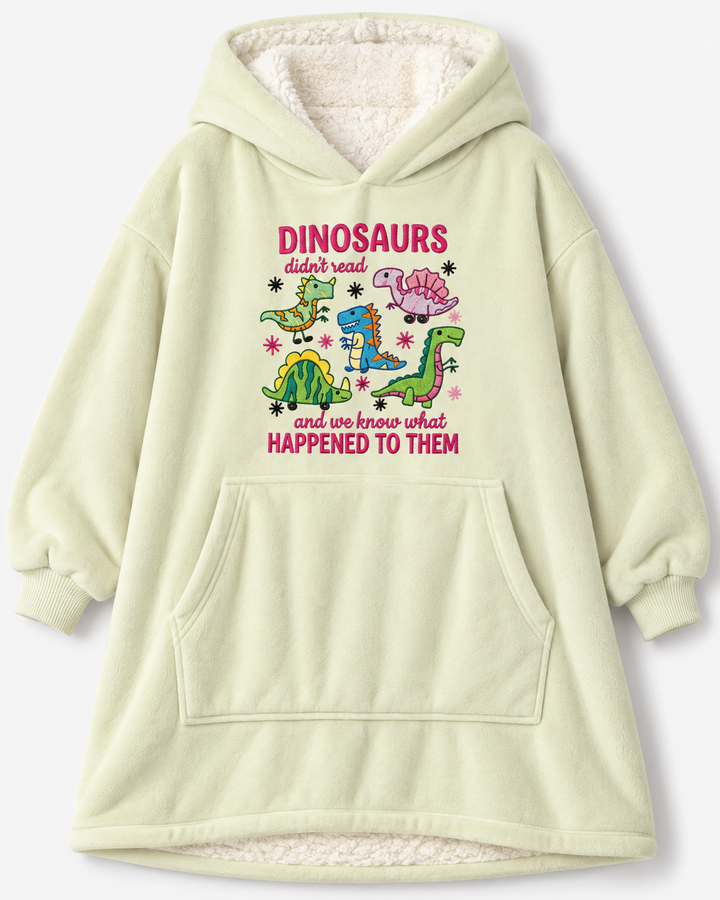 Funny Dino Reading Book Embroidered Bamboo Blanket Hoodie