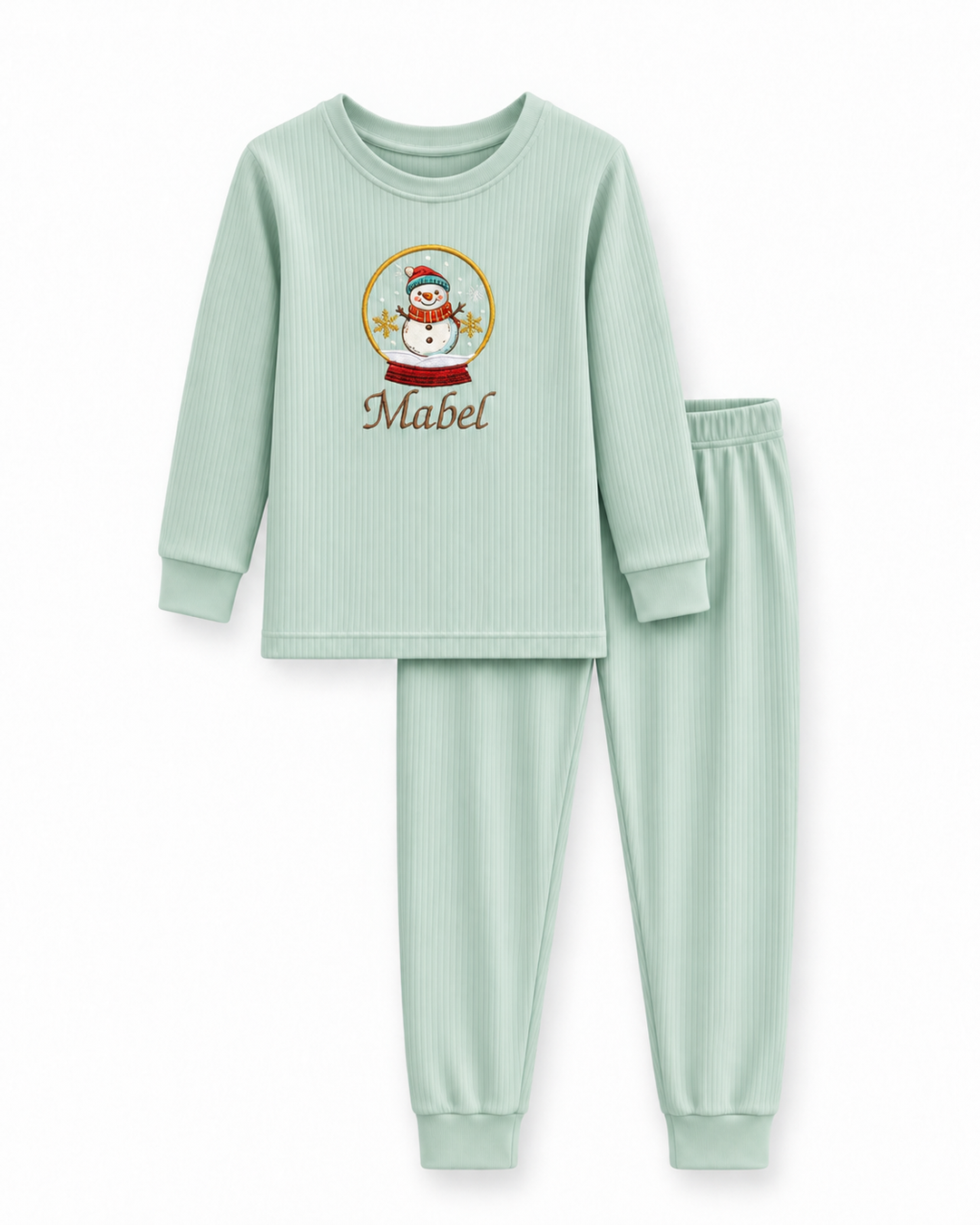 Snowmen Embroidered Ribbed Bamboo Two Piece Long Sleeve Pajama Set