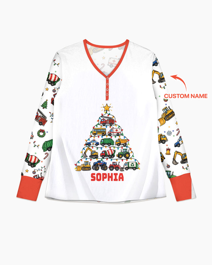 Custom Name Little Trucks Christmas Tree Bamboo Women Pajama Set