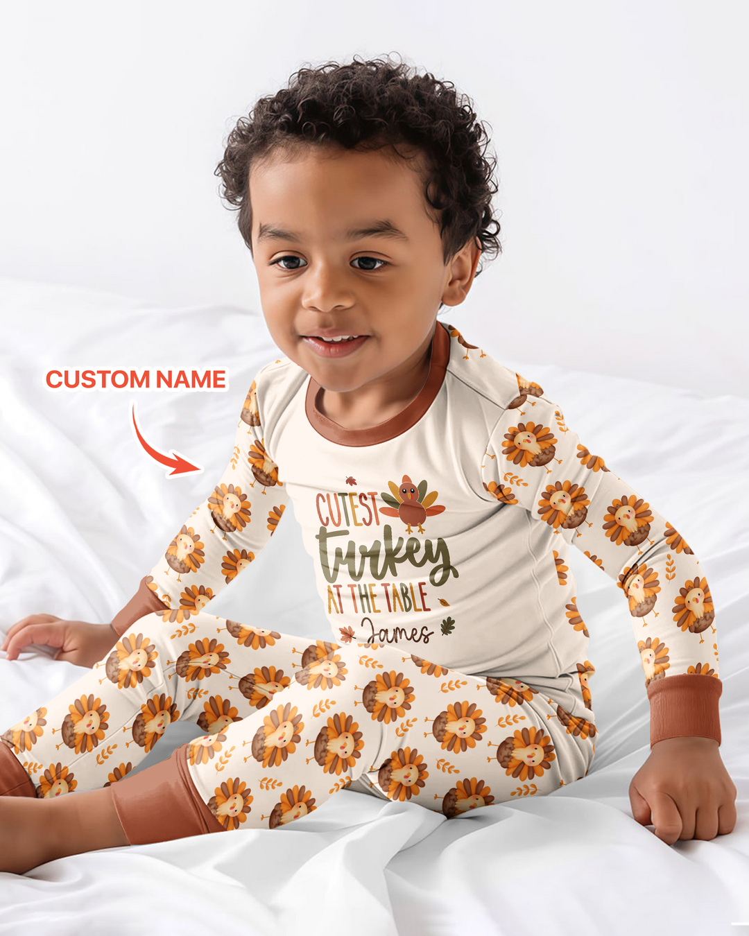 Custom Name Cutest Turkey At The Table Bamboo Two Piece Long Sleeve Pajama Set