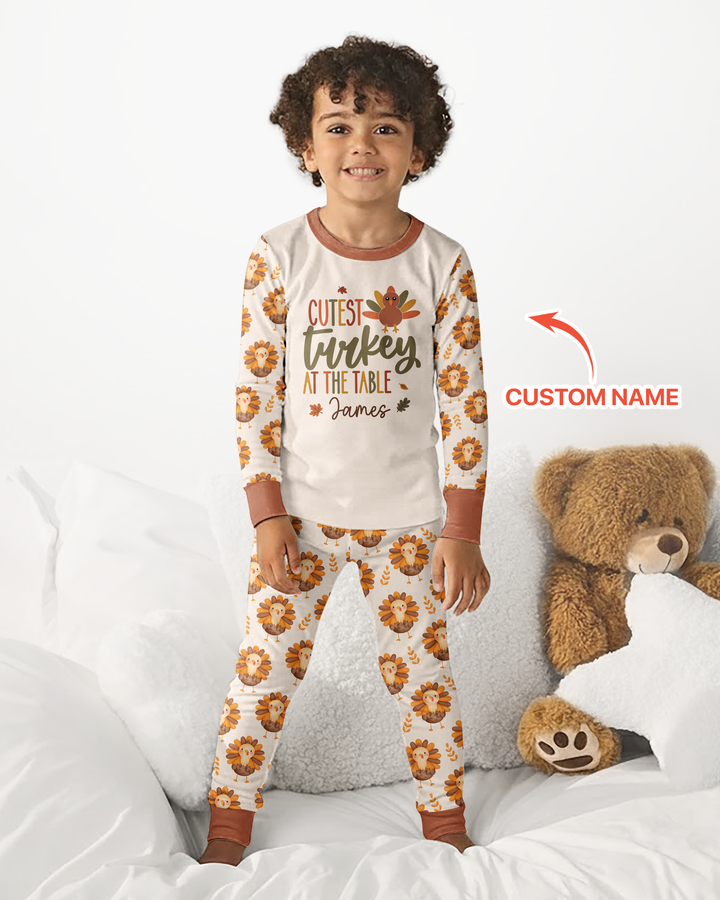 Custom Name Cutest Turkey At The Table Bamboo Two Piece Long Sleeve Pajama Set
