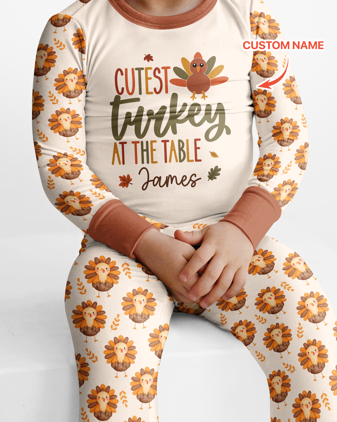 Custom Name Cutest Turkey At The Table Bamboo Two Piece Long Sleeve Pajama Set