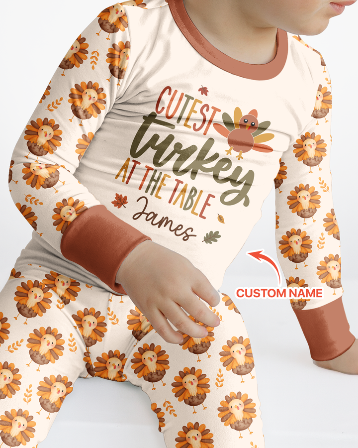 Custom Name Cutest Turkey At The Table Bamboo Two Piece Long Sleeve Pajama Set