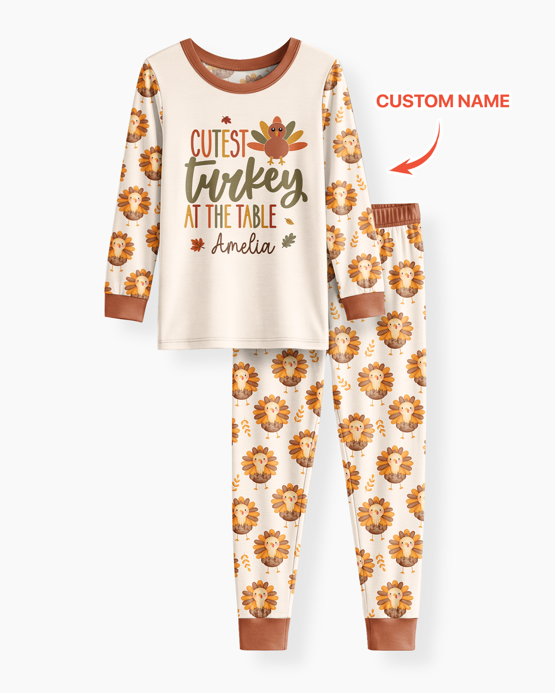 Custom Name Cutest Turkey At The Table Bamboo Two Piece Long Sleeve Pajama Set