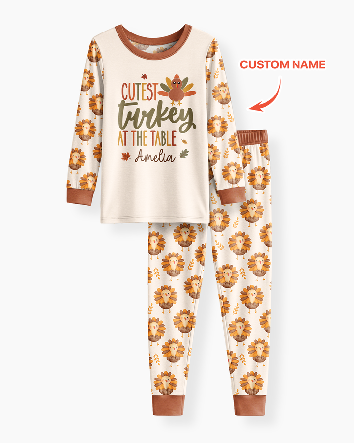 Custom Name Cutest Turkey At The Table Bamboo Two Piece Long Sleeve Pajama Set