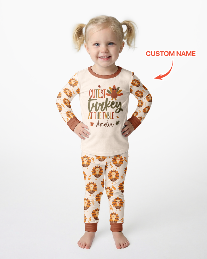 Custom Name Cutest Turkey At The Table Bamboo Two Piece Long Sleeve Pajama Set