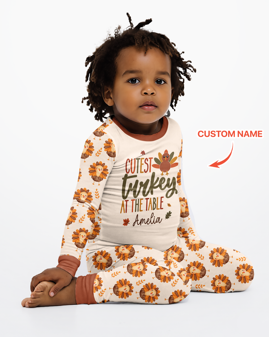 Custom Name Cutest Turkey At The Table Bamboo Two Piece Long Sleeve Pajama Set
