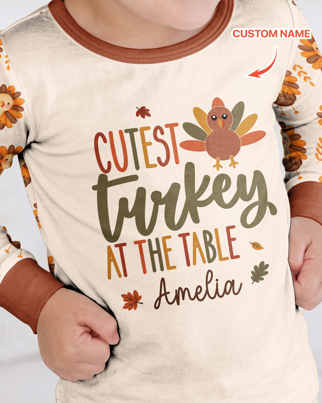 Custom Name Cutest Turkey At The Table Bamboo Two Piece Long Sleeve Pajama Set